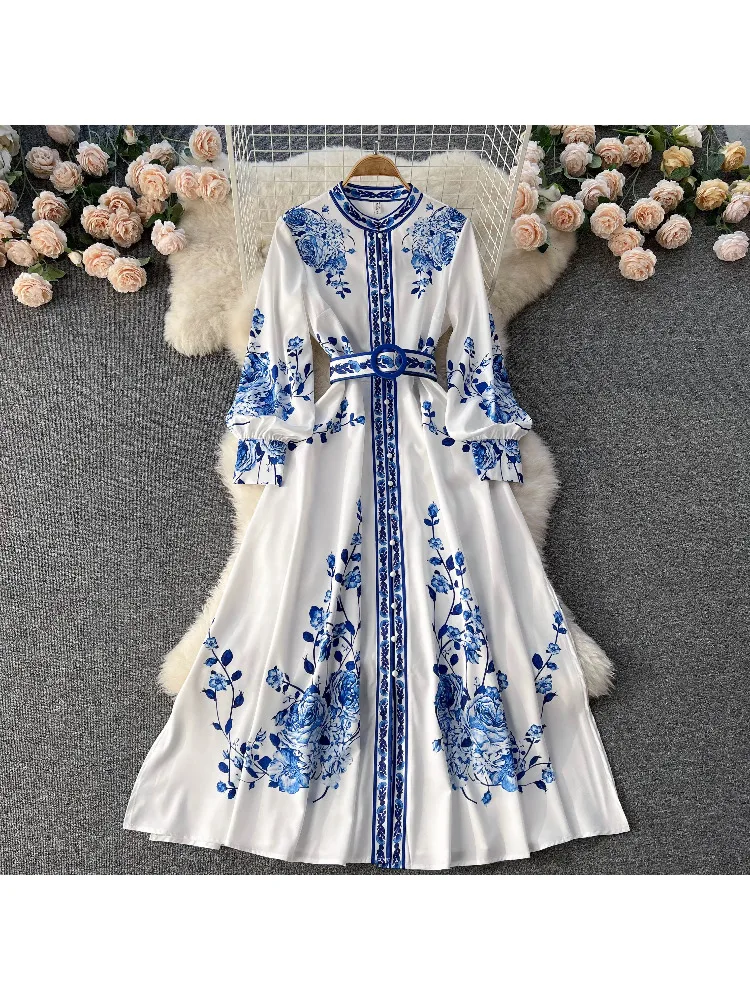

2023 New Women Fashion Spring Autumn Palace Stand Collar Dress Single-breasted Elegant A-line Dress Long Sleeve Vintage Vestidos