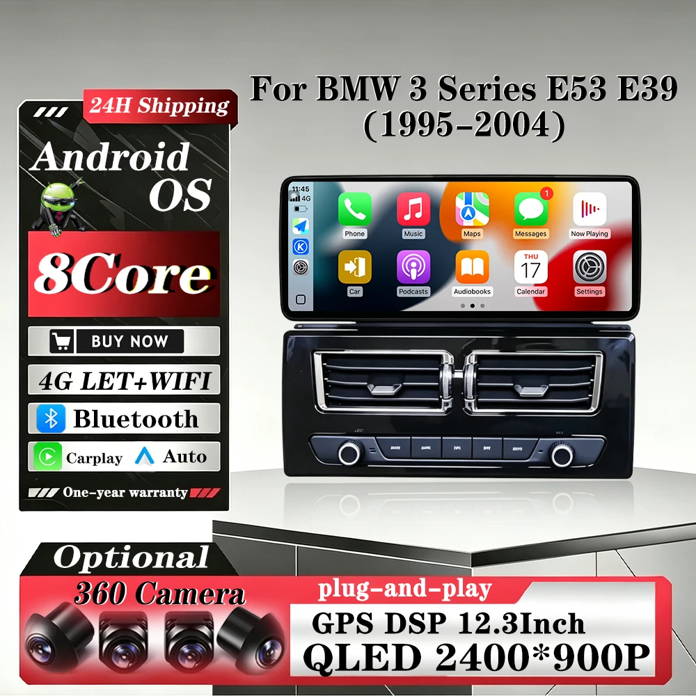 Radio para Auto BMW Serie 3 E53 E39 1995-2004, Reproductor Multimedia de Video, Carplay, Pantalla QLED Android, Navegación GPS, WiFi, BT, DSP, 4G 2