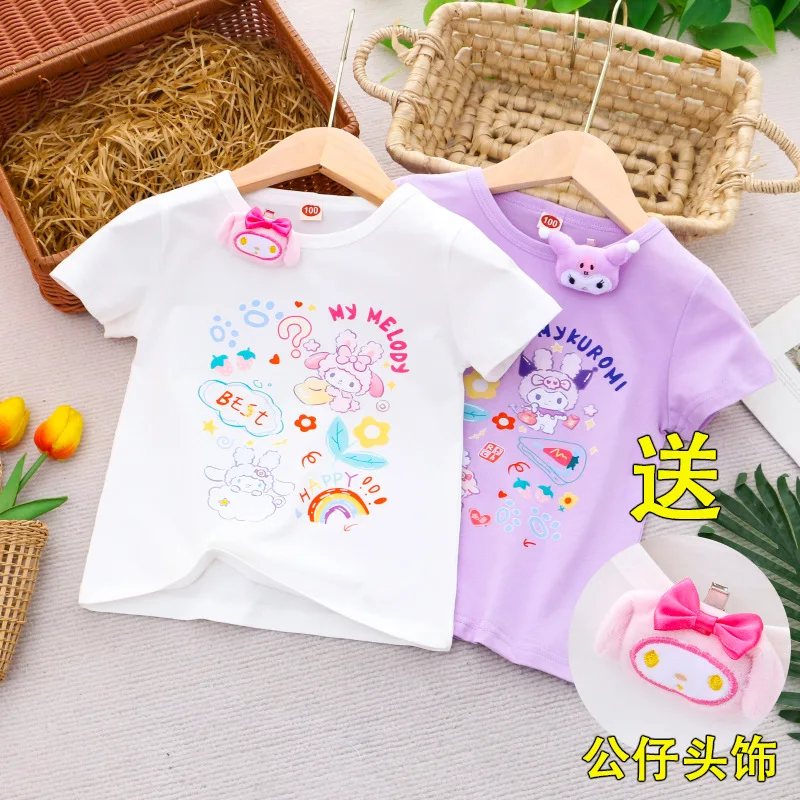 

2024 Sanrio Kawaii Anime Short-Sleeved T-Shirt Summer Sweet Cute Cartoon Print Three-Dimensional Figure Base Shirt Tops Kid Gift