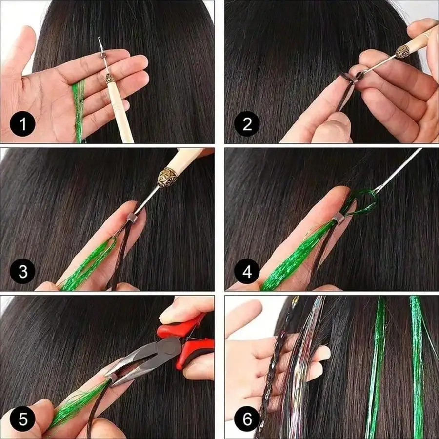 36/48 Inches 10 Mixed Colors Tinsel Synthetic Hair Extension Glitter Kit Glitter WithTool 3600 Strands, Hair Extensions Set 5