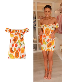 TFMLN Mini Abito Elegante da Donna con Stampa Frutta Chic, Scollo a Barca, Schiena Scoperta, Vestito Aderente a Strati, Stile Estivo Streetwear Bodycon