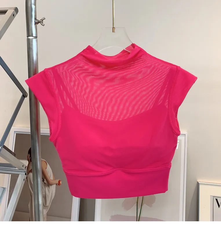 Women's Inner Padded Mesh Yoga Shirt  Neck Sexy Tight and Shockproof Sport T-shirt  Running  Fitness Yoga Top