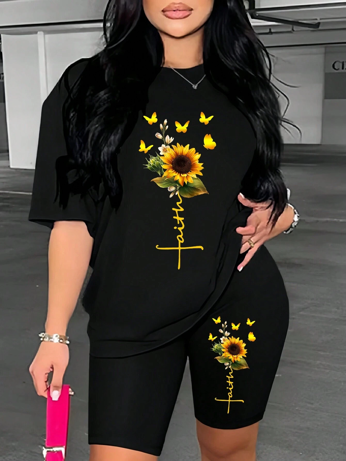 Sunflower Butterfly Print Women's Fashion Two-Piece Short Set