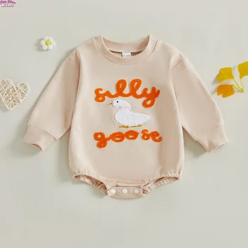 Infant Autumn Baby Girl Clothes Cotton Towel Embroidery Onesie 0-18M Bodysuit for Newborns Boys Silly Goose Duck Letter Romper