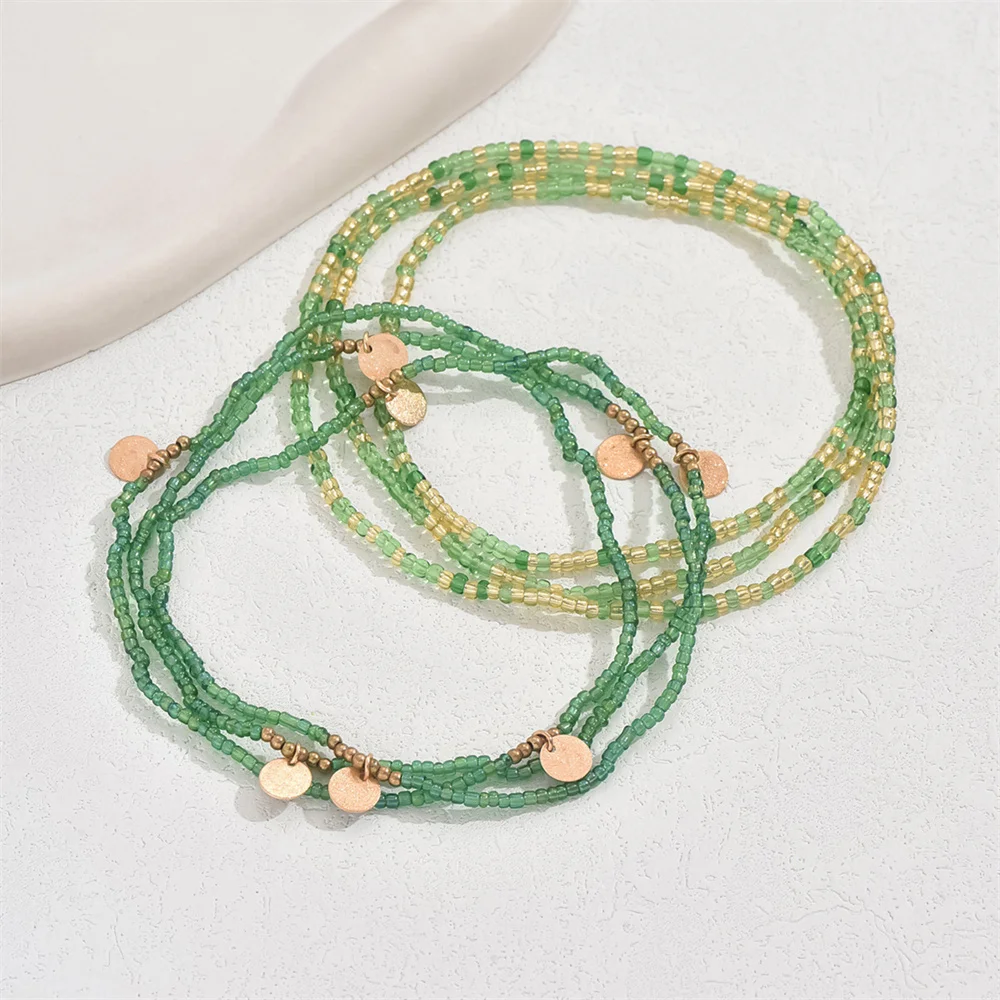 2pcs/Set Green Small Rice Beads Anklets For Women Gold Color Round Disk Foot Chain Ankle Bracelet Beach Jewelry Summer Accessory