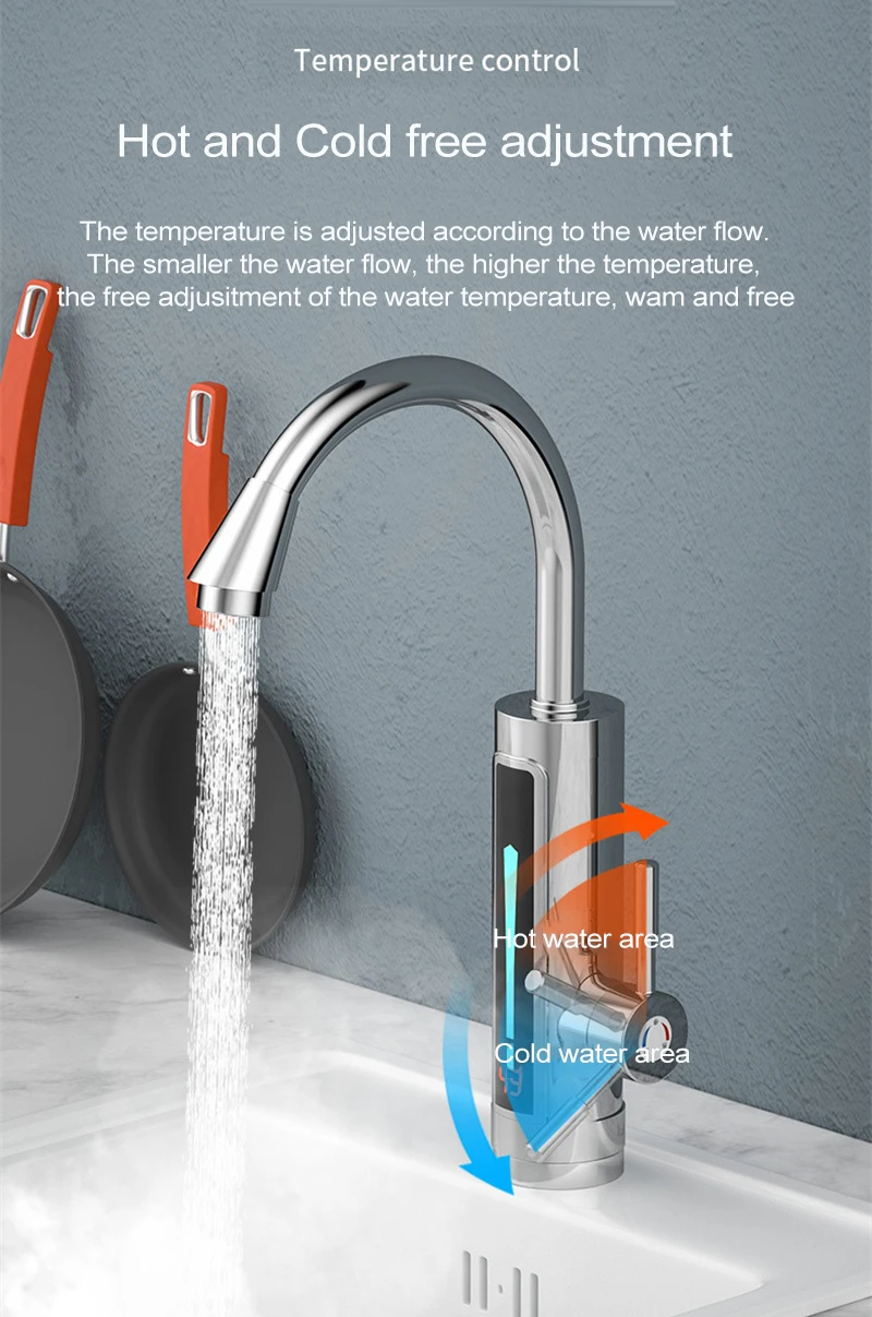 Stainless Steel Electric Water Heater Temperature Display Kitchen Tankless Instant Hot Water Faucet 3300W
