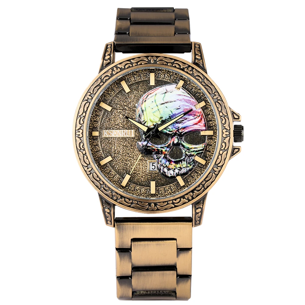 Art Embossed Skull Painting Watch Retro Bronze Street Wear Full Stainless Steel Band Quartz Vintage Watches for Men Luxury Reloj