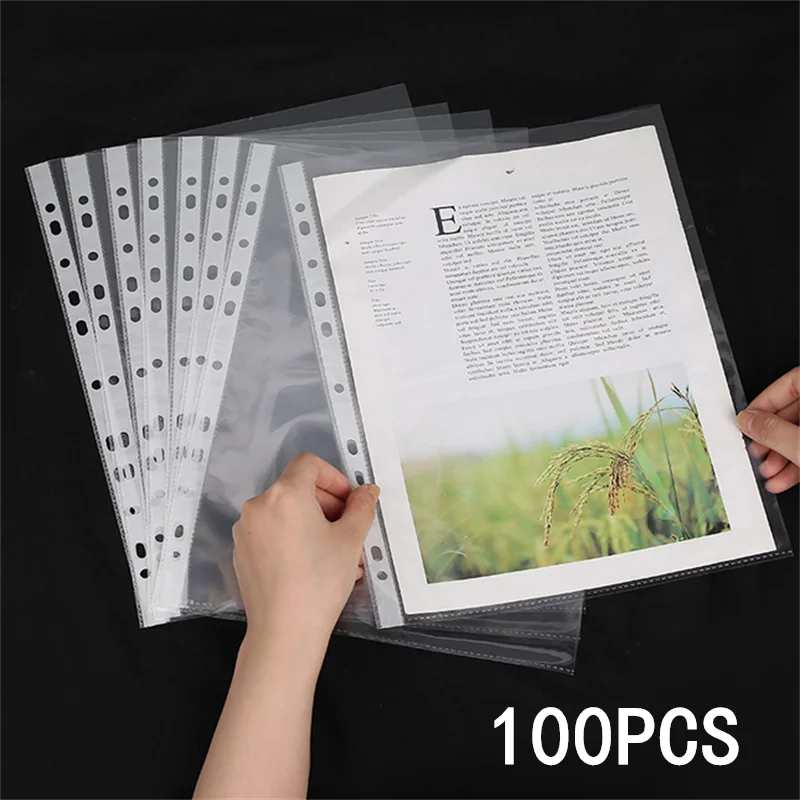 100/200 Uds protectores de hojas A4 11 agujeros bolsa de plástico transparente organizador de papel bolsa de documentos bolsa de archivo transparente para documentos de hojas sueltas