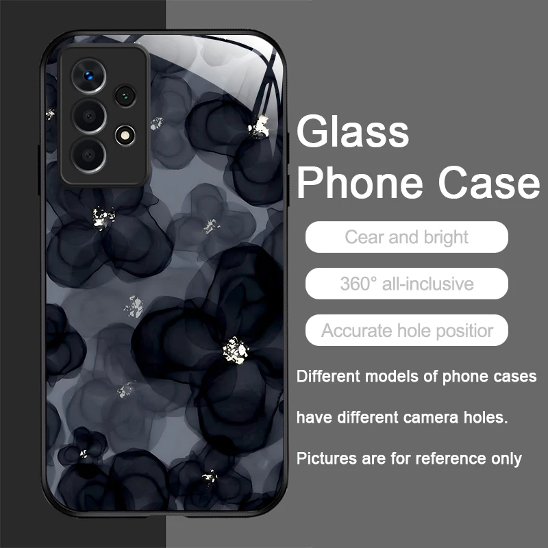 Luxury Black Rose Flower Graphic Tempered Glass Phone Case Cover