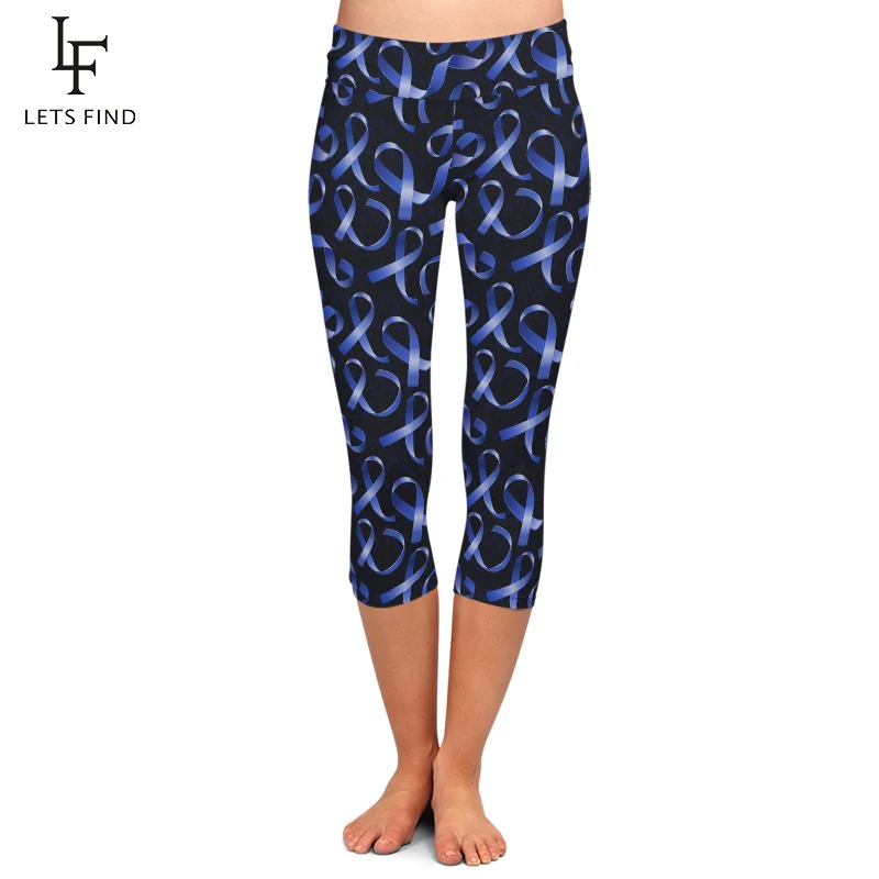 цена LETSFIND Summer 220gsm Milk Silk Blue Ribbon Print Capri Leggings High Waist Soft Fitness Mid-Calf Stretch Leggings