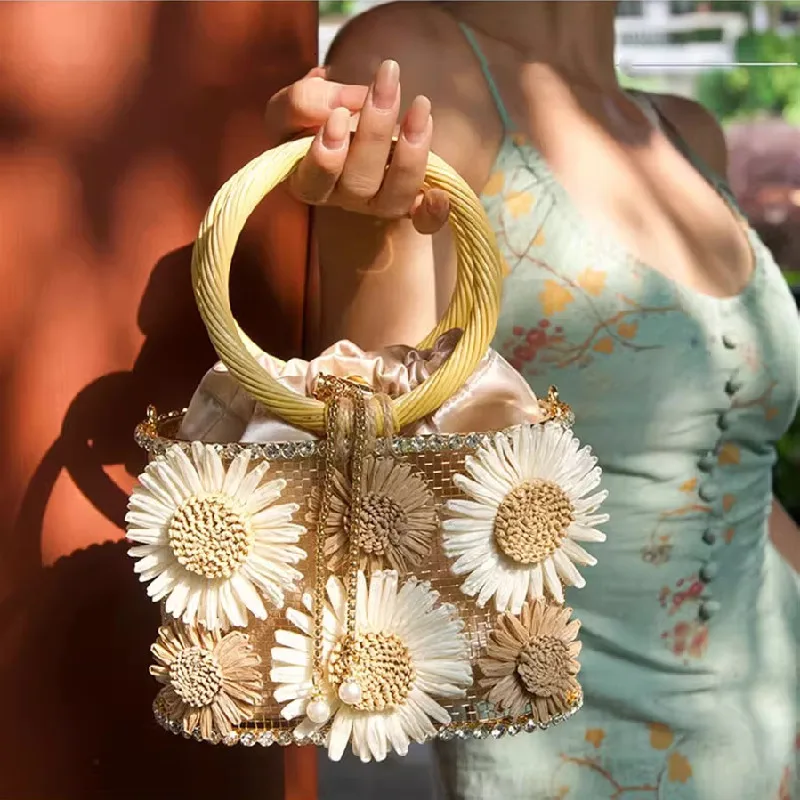 Solid Floral Appliques Metal Cage Luxury Beaded Evening Bag Women's Handbag Wedding Party Clutch Purse Crossbody Bag