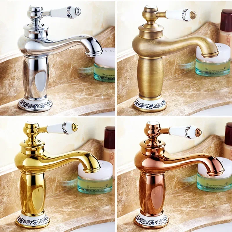 

Bathroom Faucet Gold Finish Basin Sink Taps Deck Mounted Single Handle Water Mixer Tap White Ceramic Bath Crane Rose Gold