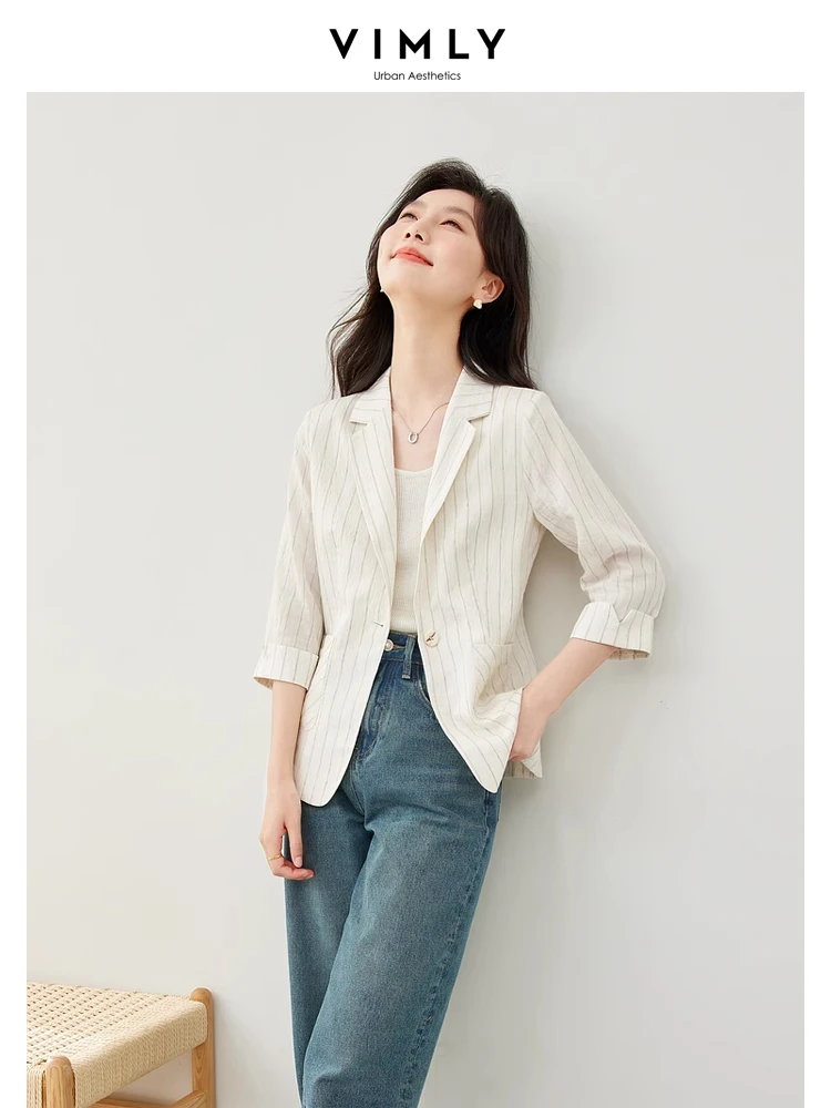 

Vimly White Striped Straight Thin Casual Blazer Women 2024 Spring Female Notched Three Quarter Sleeve Suit Jacket Overcoat M5960