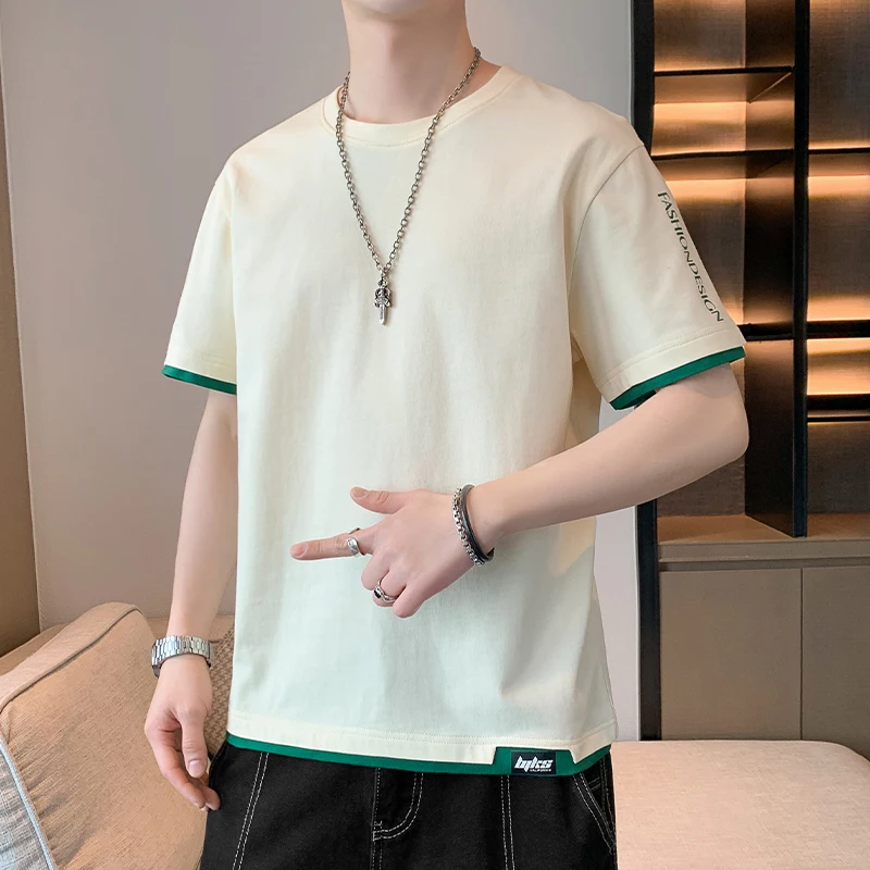 

Fashion O-Neck Printed Letter Spliced Fake Two Pieces T-Shirts Men Clothing 2024 Summer New Loose Korean Tops Casual Tee Shirt