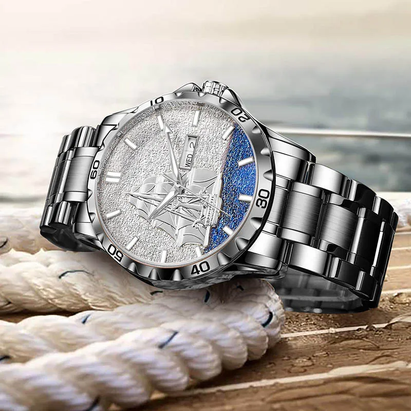 GLENAW Three Dimensional Sailing Dial Design Luxury Automatic Mechanical Watches Luminous waterproof Stainless Steel Strap Watch 4