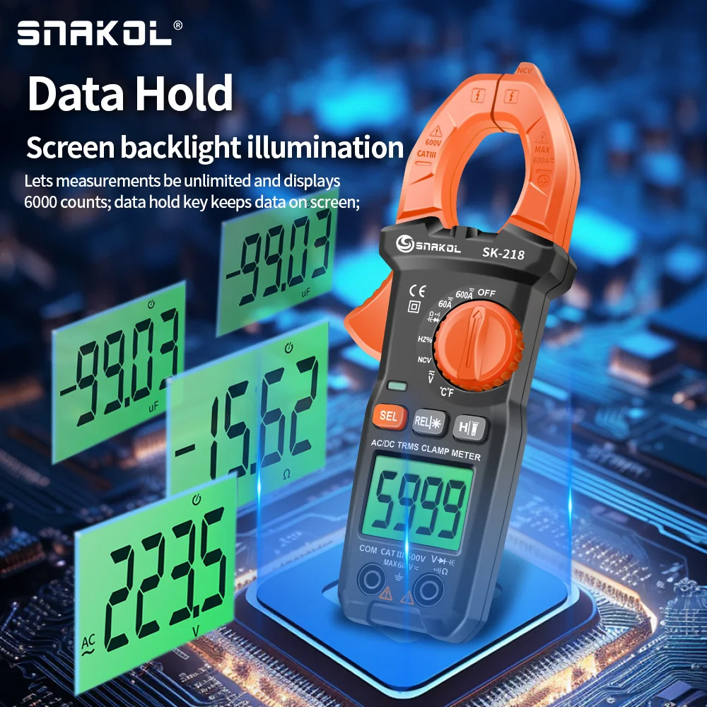 SK218 Digital Clamp Meter 600A AC DC Current True RMS Auto Ran Pliers Ammeter Voltage Voltmeter Professional Electrical Tester Digital Multimeter