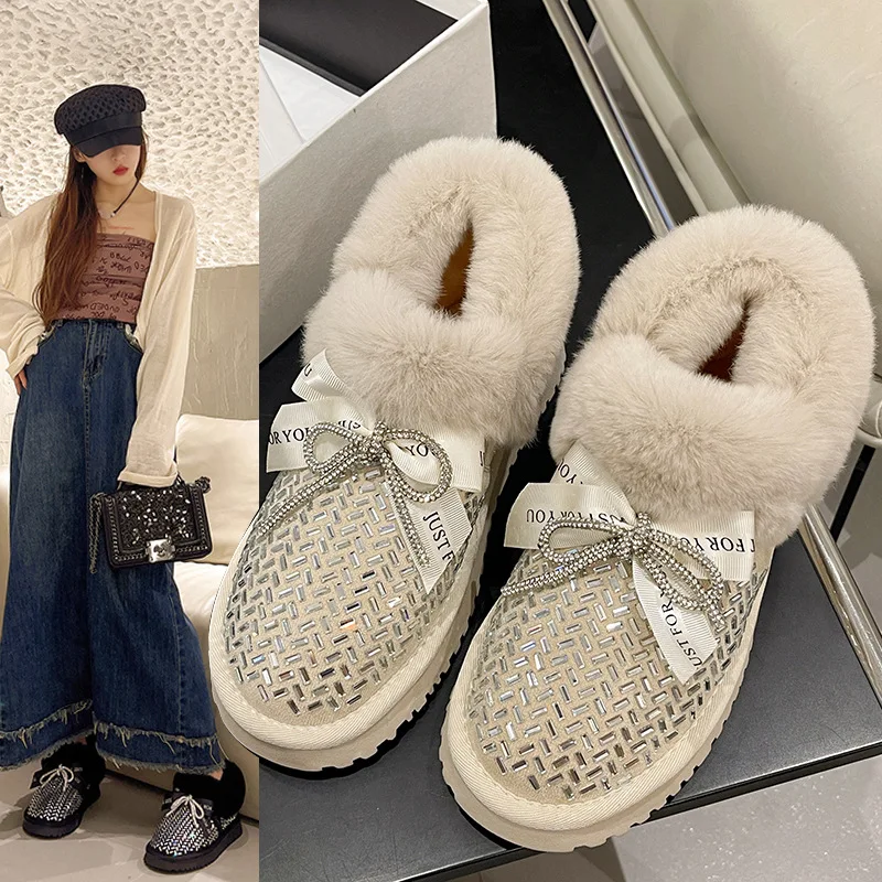 

Gorgeous Bow Rhinestone Snow Boots Piled Thickened Thermal Short Rabbit Hair Cotton Boots Casual Sports Versatile Women's Boots