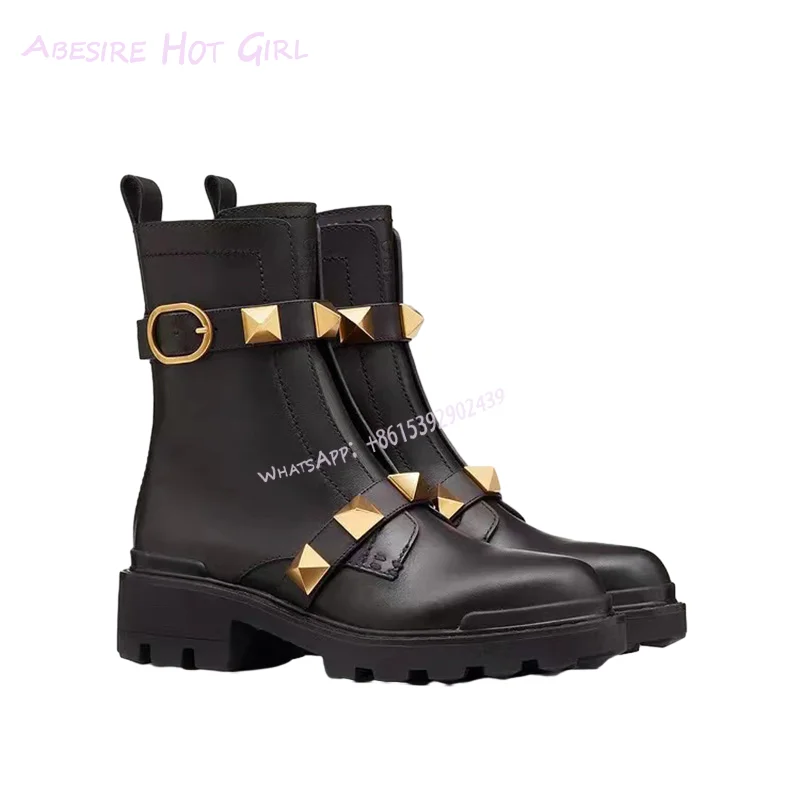 

British Style Black Leather Short Boots Gold Rivet Women Casual Flat Shoes Spring Vacation Sequins Sporty Booties Versatile Shoe
