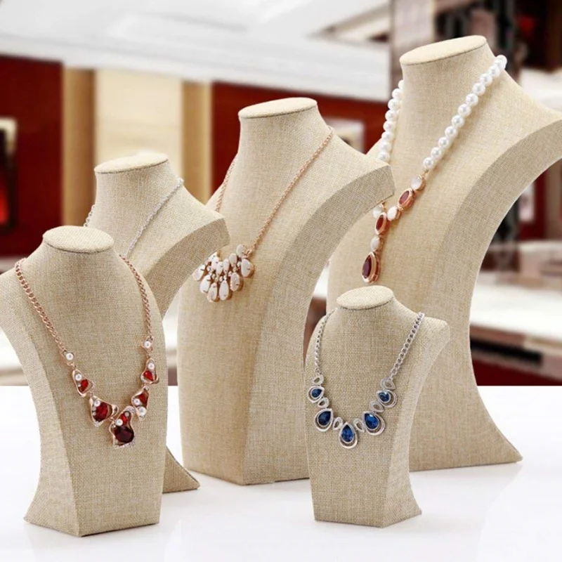 Espositore per busto per collana in lino manichino, porta collana per busto, organizer per catena con ciondolo per espositore per gioielli da donna