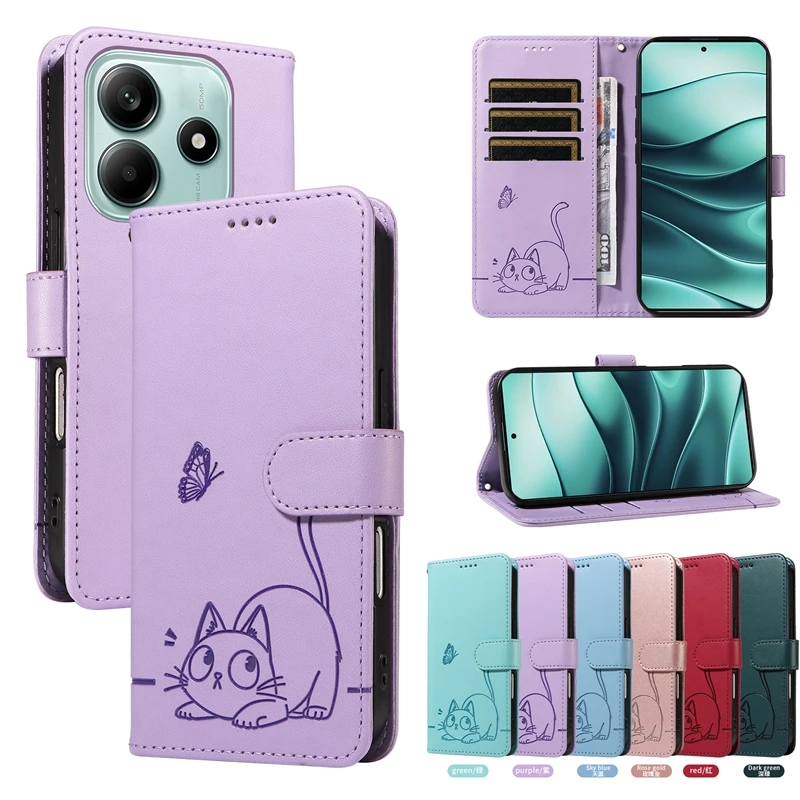 Magnetic Leather Wallet Flip Cover Case for Xiaomi Redmi Note 8 8T Pro 4G 5G | Cat & Butterfly Embossed Design