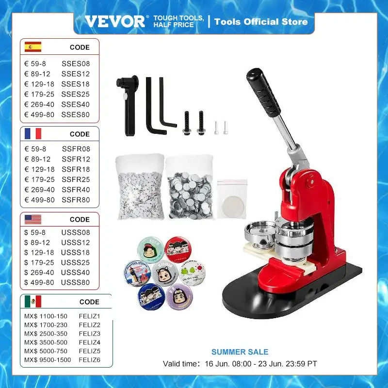 

Распродажа по стандартам США, устройство для изготовления кнопок VEVOR, 1 дюйм, устройство для изготовления значков, 25 мм, устройство для перфорации, 499 шт. бесплатных деталей кнопок