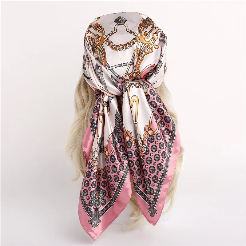 90*90CM Women's Silk Scarf Foulard En Satin Luxury Silk Scarf Neckerchief Purse Silk Square Scarf  SJ02 5