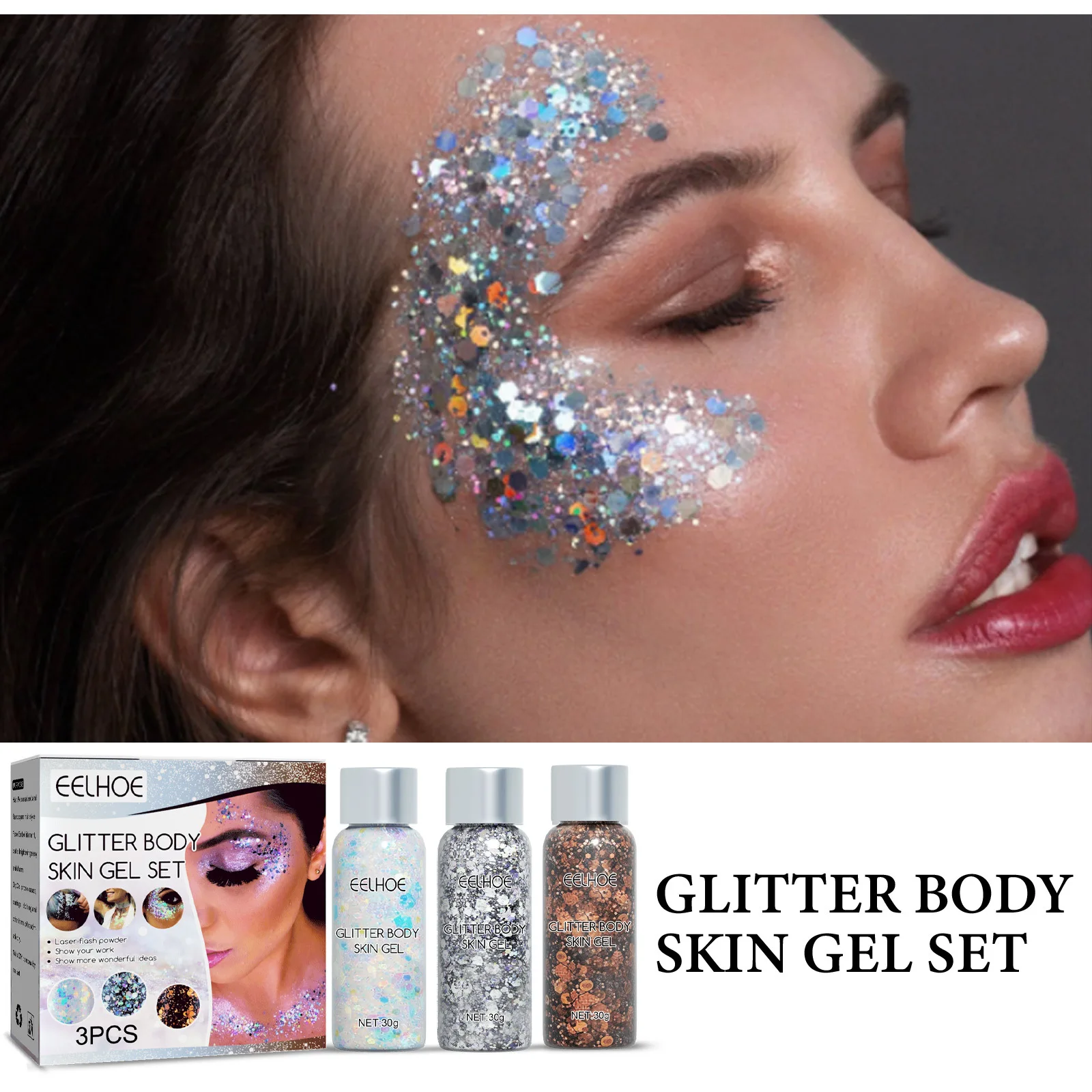 EELHOE Face Glitter Gel Makeup Mermaid Scale Party Stage Eye Nail Hair Body Art Flash Sequins Glitter Decoration Beauty Care 30g 2