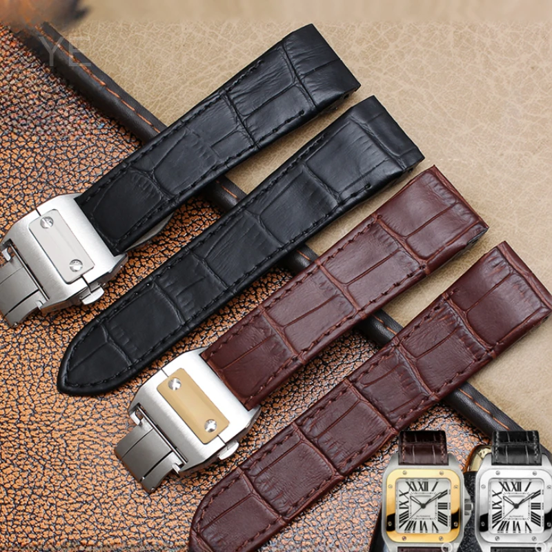 Waterproof Steel Buckle Leather Watch Strap - Black/Brown Cowhide, 24.5mm