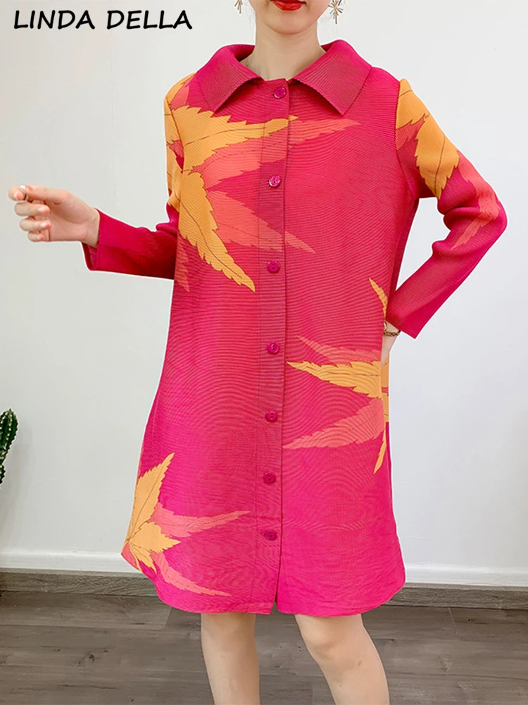 

LINDA DELLA Summer Fashion Designer Vintage Print Shirt Dress Women Lapel Single Breasted Casual Loose Pleated Mini Short Dress