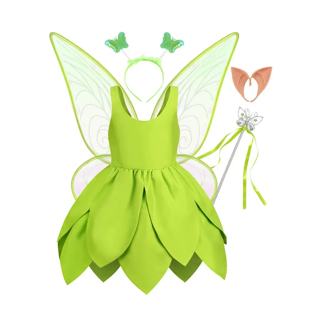Vestido de hada Campanilla para niña, disfraz de elfo del bosque de fantasía, vestido de Campanilla de hojas verdes para niña, trajes de Halloween para niña