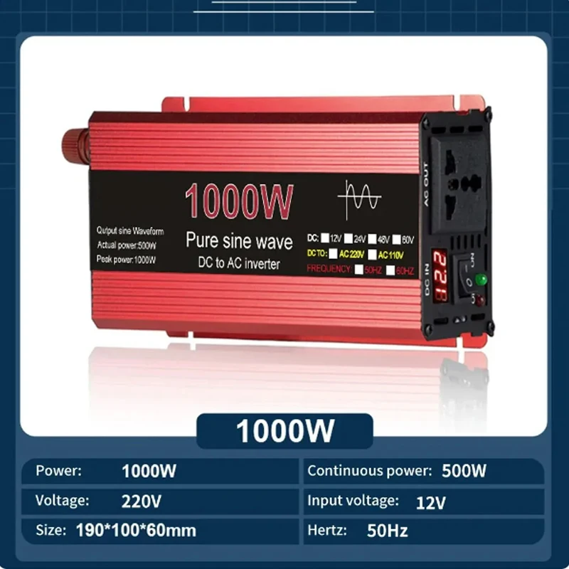 12V To 220V/230V 2000W Solar Inverter LCD Display Dual USB Fast Charging for Phone Laptops Car