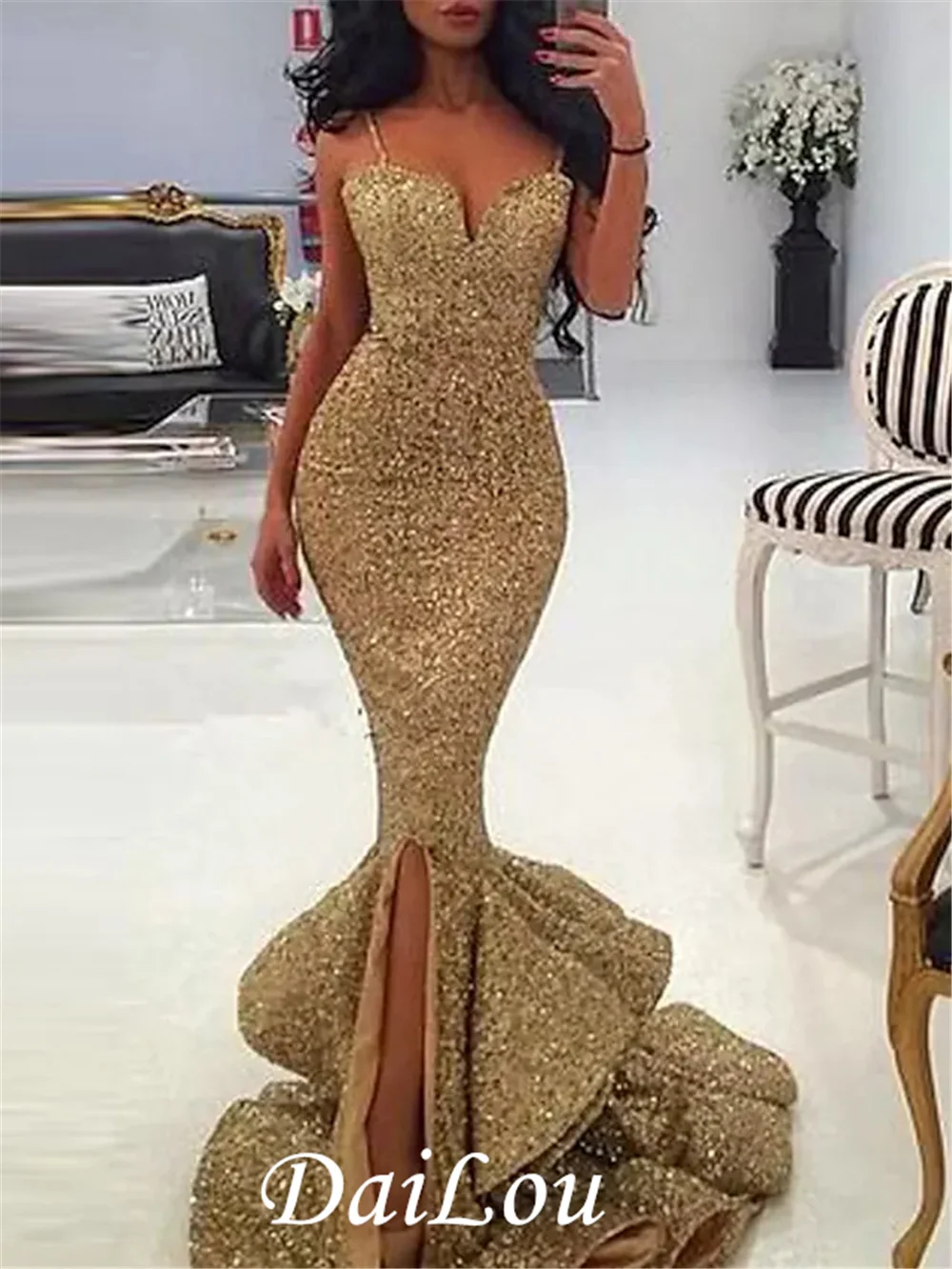 

Sexy bodycon Wedding Guest Formal Evening Dress Sweetheart Neckline Sleeveless Court Train Sequined with Ruffles Slit