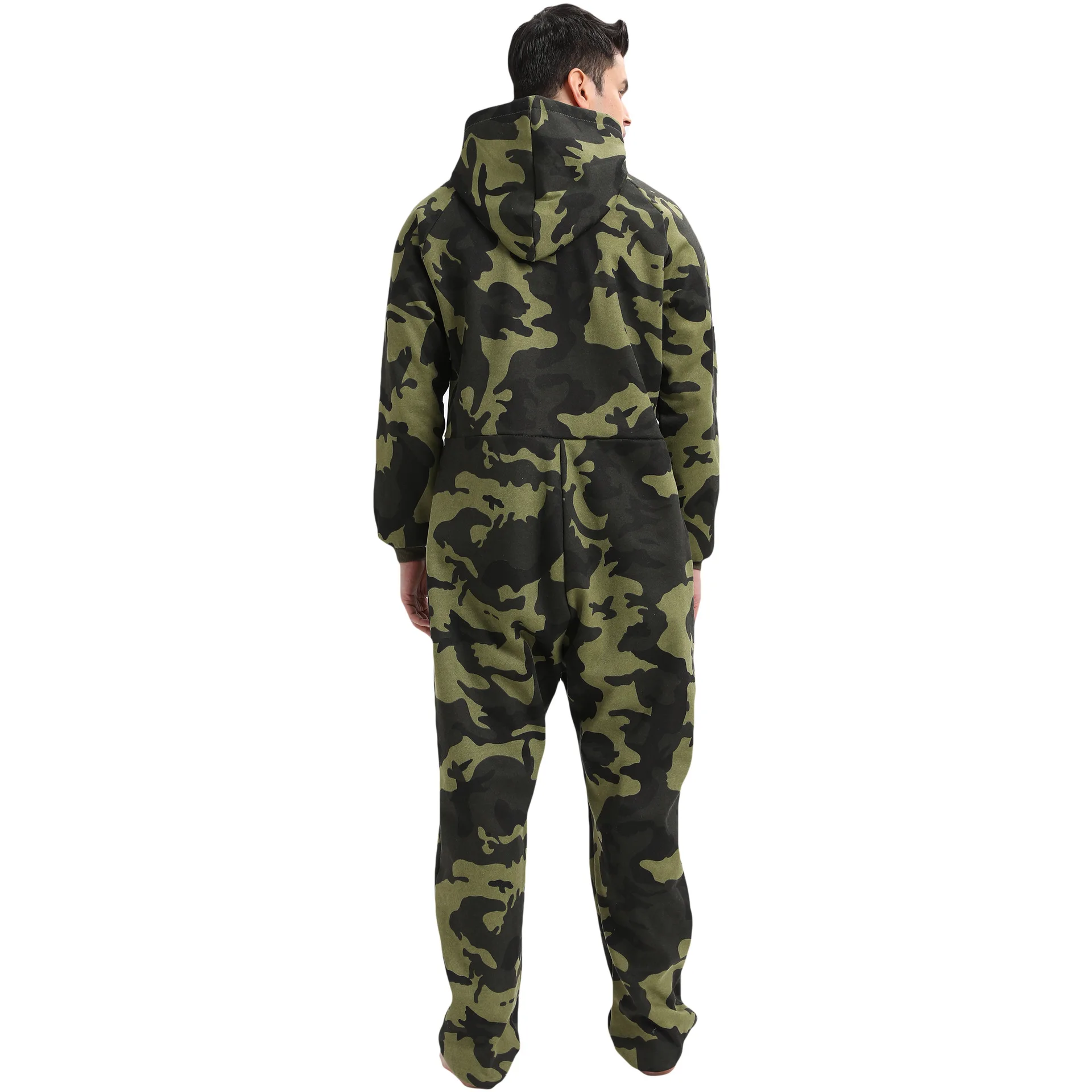 Men Long Sleeve Hooded Onesie Homewear Spring Autumn Green Camouflage Print Pajamas Sleepwear
