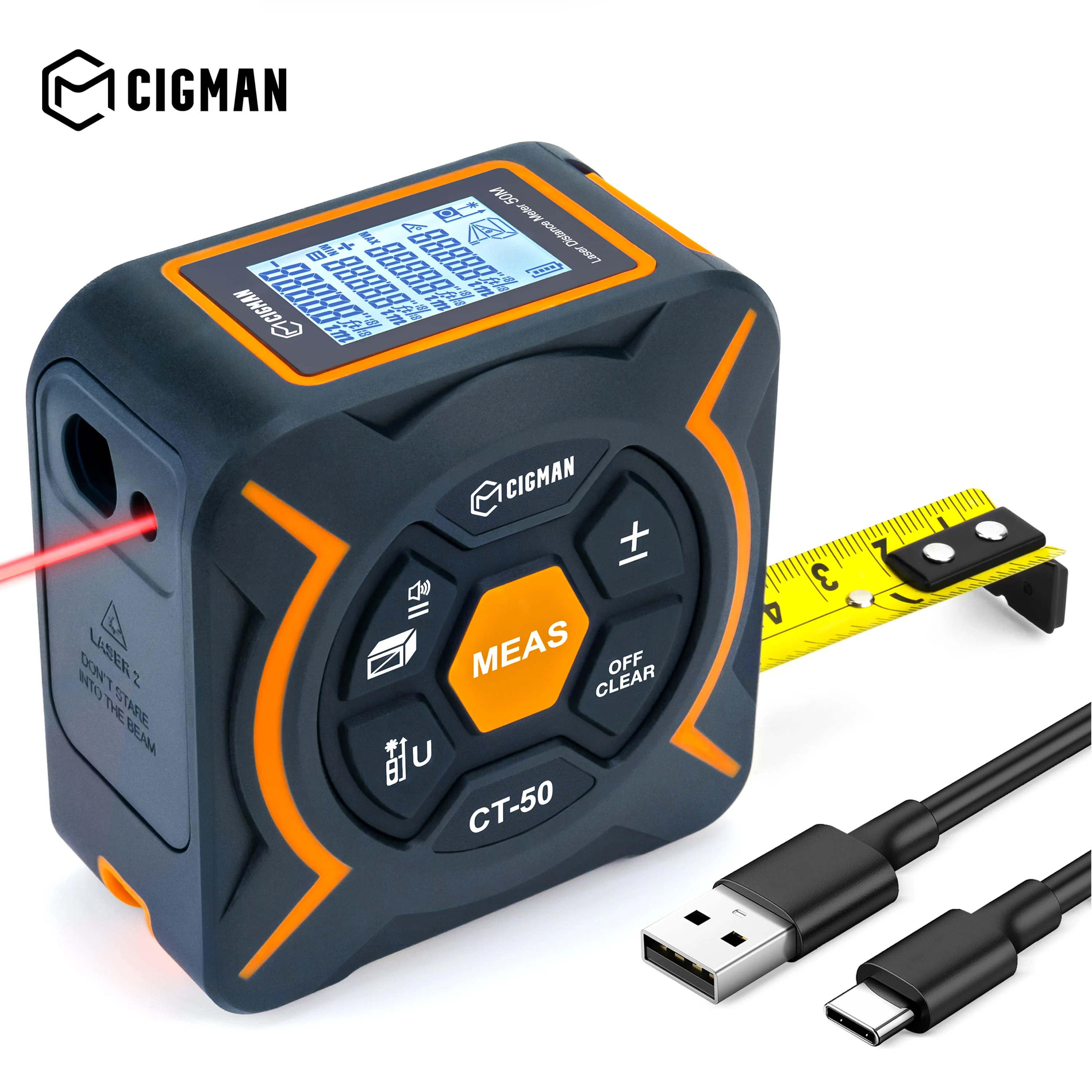 Laser Tape Measure Cigman 50M Laser Distance Meter 2 In 1 High Precision Digital Laser Rangefinder Retractable Measure Tape