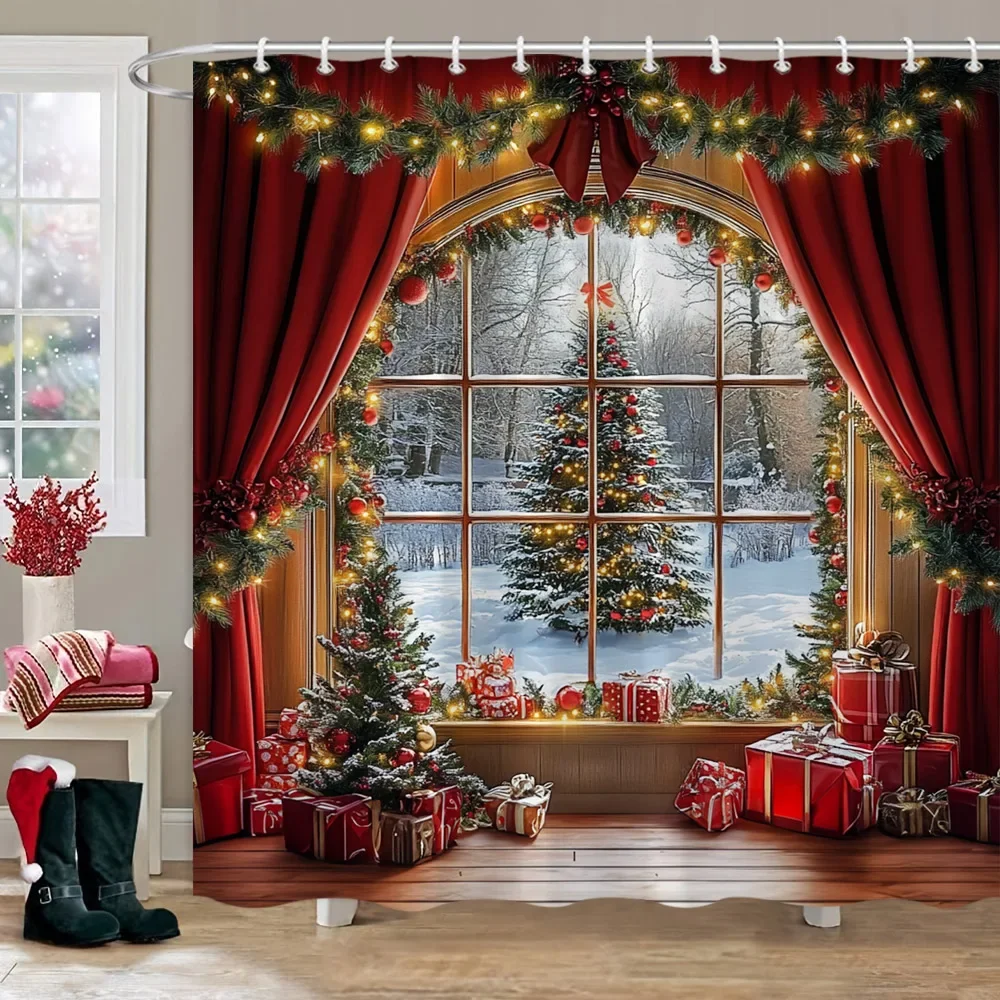 Christmas Decoration Shower Curtain Winter Snow Scene Christmas Tree Gifts Polyester Bathroom Decor