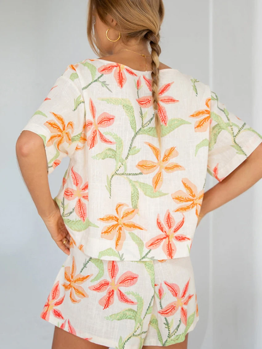 Marthaqiqi Casual Printing Women Nightwear 2 Piece Set O-Neck Pajama Half Sleeve Nightgown Lace Up Sleepwear Shorts Pyjamas Suit