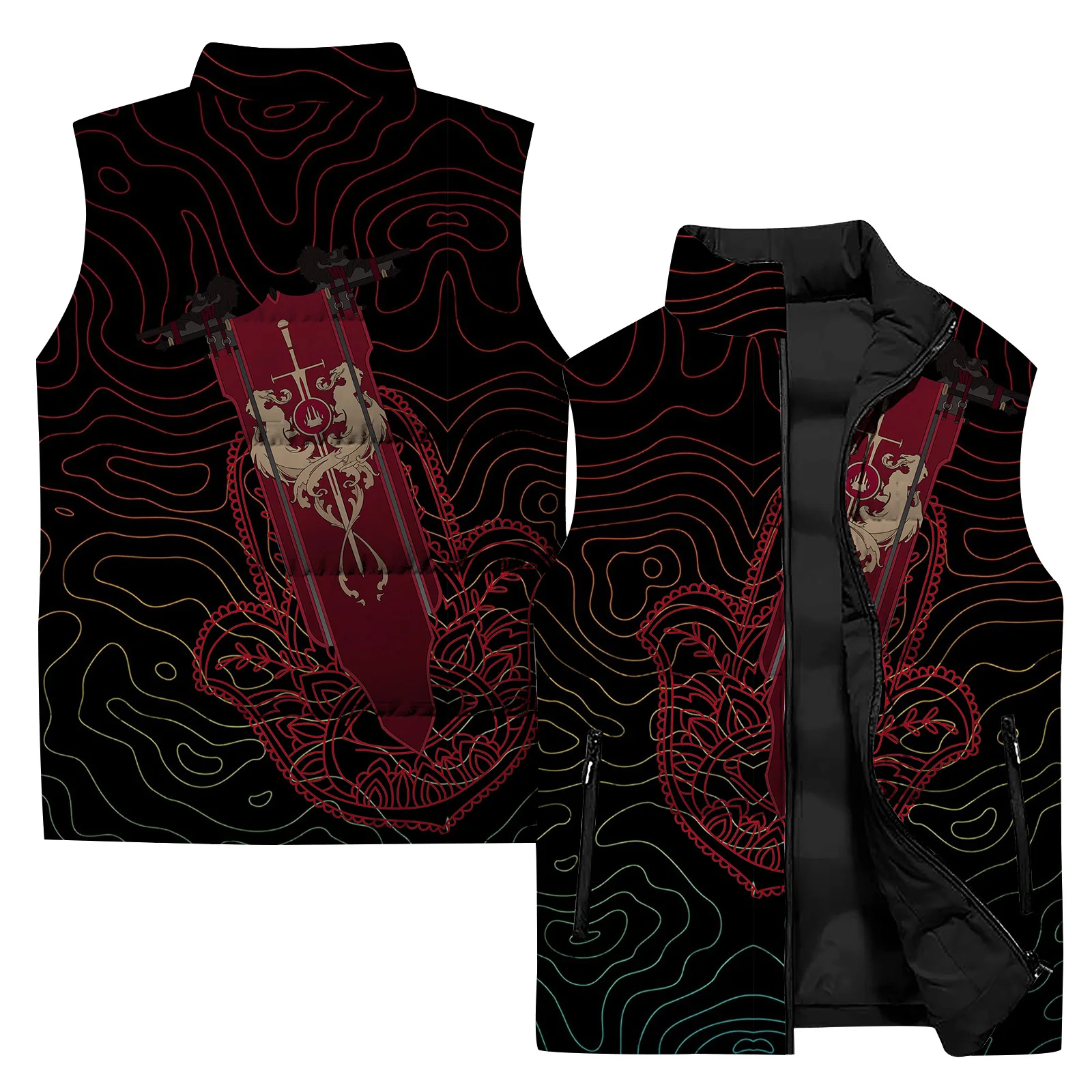 thumbnail image 1 of Ropa de invierno para hombre, chaleco de algodón con estampado de plumas y un solo ojo, estilo gótico, chaquetas cortavientos, chalecos de calle Harajuku para hombre, 1 of 4