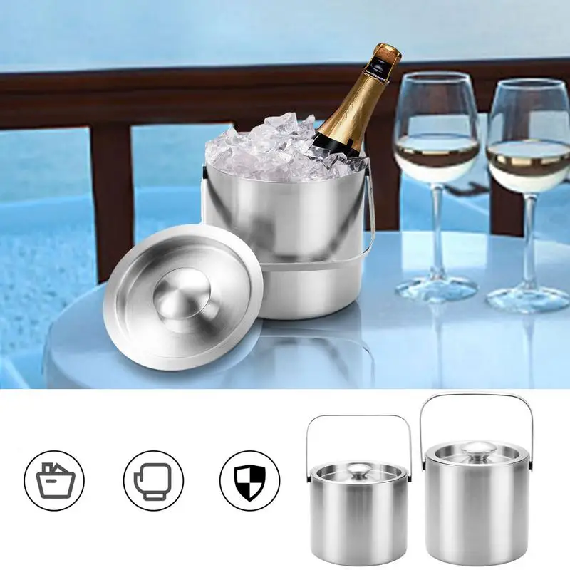 

Ice Bucket For Bar Anchored Tub With Handle For Champagne Wine Cocktails Beer Double-Wall Beer Chill Buckets With Lid For Pool
