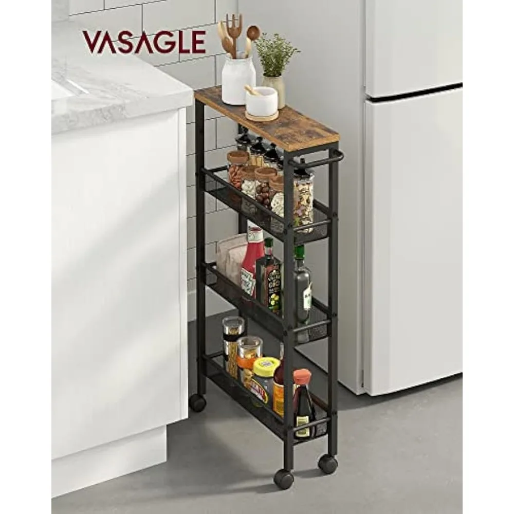 

VASAGLE Slim Rolling Cart, 4-Tier Storage Cart, Narrow Cart with Handle, 5.1 Inches Deep, Metal Frame, for Kitchen, Dining Room