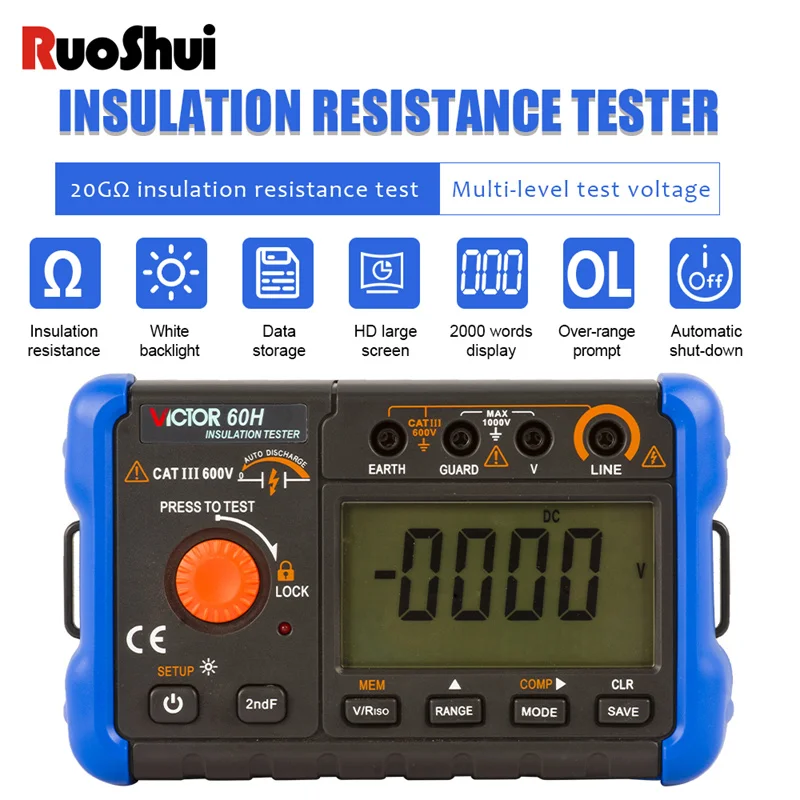 

Insulation Resistance Tester 1000V 20GΩ 500MΩ Megohmmeter Voltmeter LCD Ohm Backlight Overload Digital Earth Ground Megger Meter