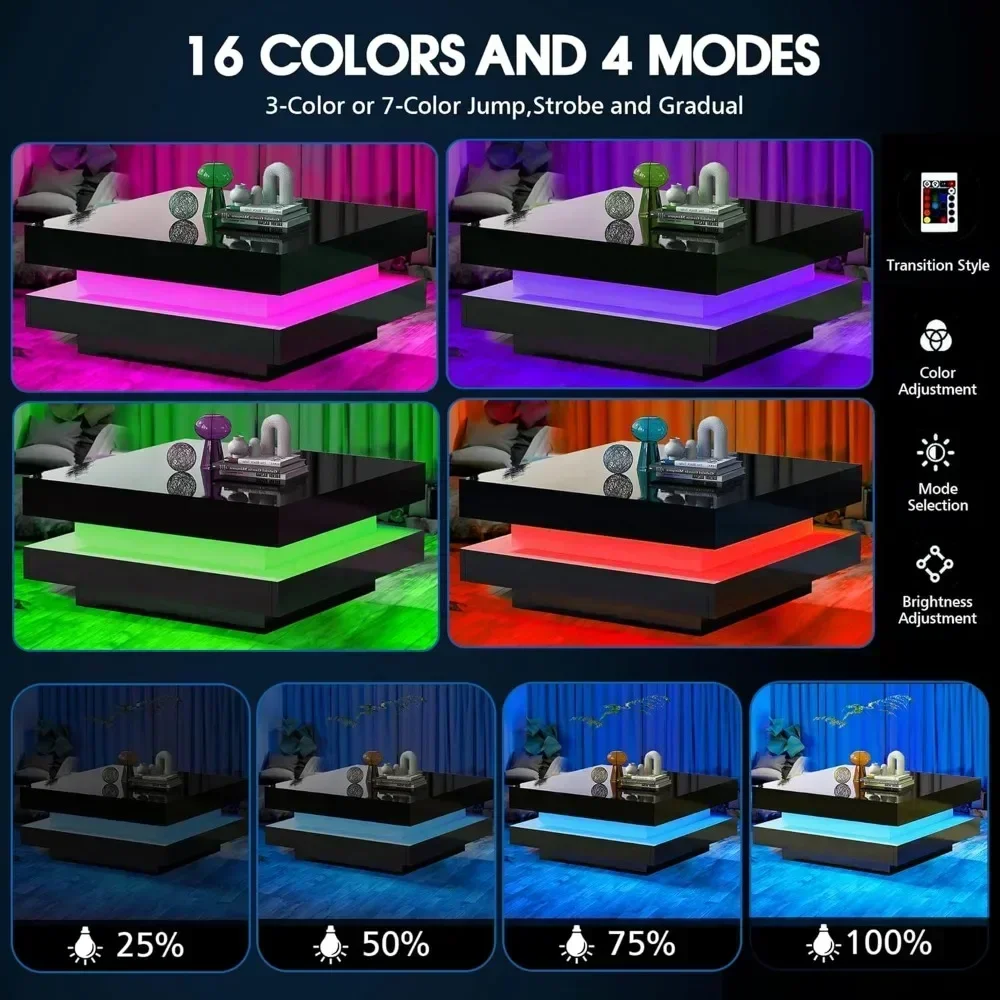Coffee Table LED, 2-Tier Modern Middle Center Table, Coffee Tables with 16-Color Plug-in Light, Cocktail Tea Table, Table