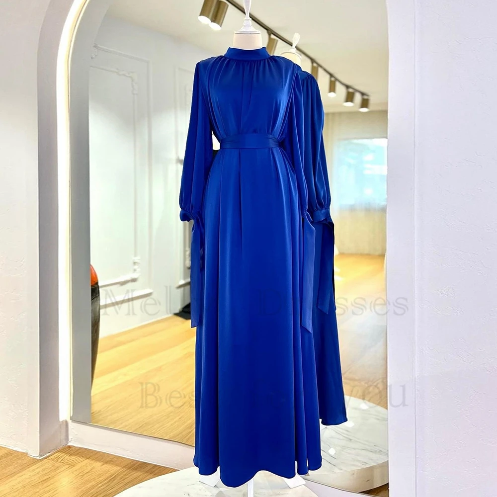 

Royal Blue High Neck Evening Dresses for Women Full Sleeve Rea Picture Elegant Prom Gowns with Pleat 2023 Vestido De Noche New