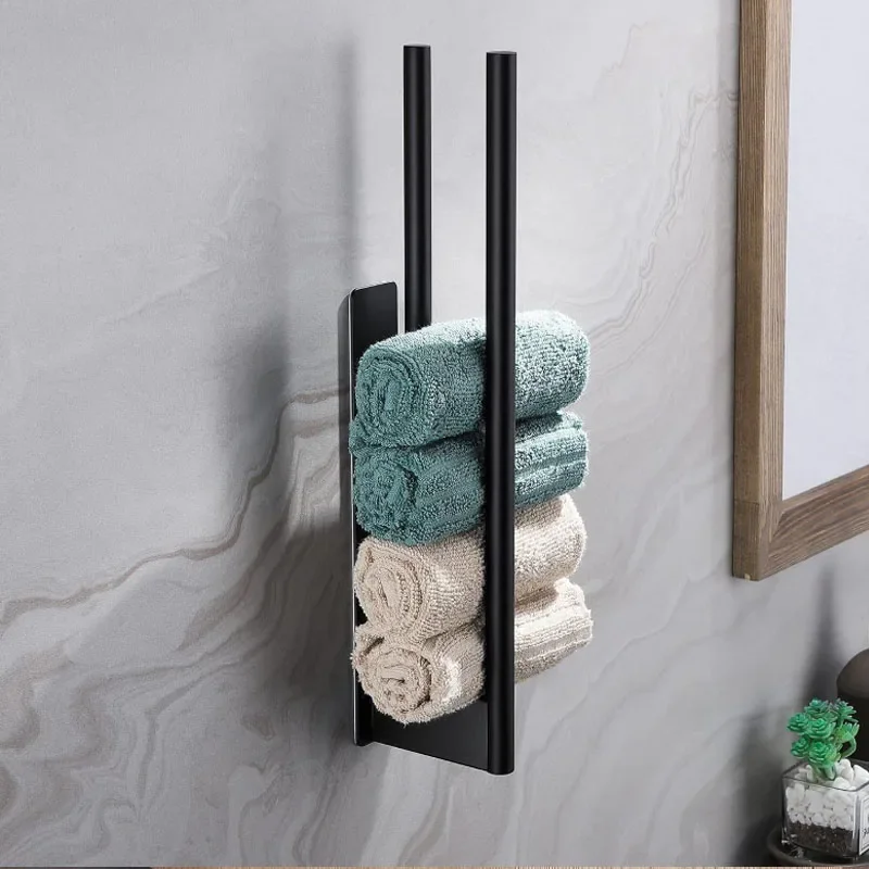 Wall-Mounted No Drilling Towel Rack Stainless Steel Self Adhesive Single Bar Double Bar Bath Towel Pole Bathroom Storage Shelf