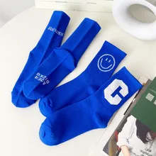 

Korea Trend Pure Royalblue Woman Sock New Design Spring Autumn Smile Letter C Casual Sports All-match Couples Funny Socks Female