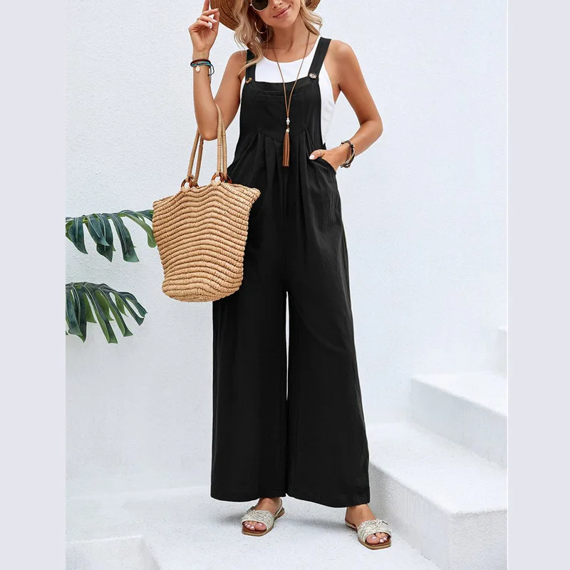 2025 Spring Summer Women's Rompers Solid Color Casual Ladies Strap Pants Vacation Fashion Simple Female Streetwear Overalls 4