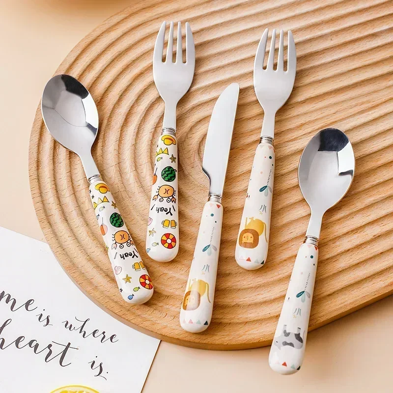 New Design Baby Feeding Solid Food Spoon Fork Set BPA Free Ceramic Handle Cartoon Crab Stainless Utensil Children's Tableware stainless steel cutlery set,fork spoon set,baby cutlery