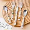 New Design Baby Feeding Solid Food Spoon Fork Set BPA Free Ceramic Handle Cartoon Crab Stainless Utensil Children's Tableware 1