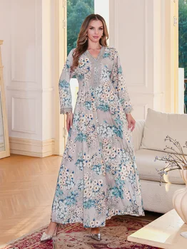 Print Loose Fit Long Sleeve Modest Dress with Rhinestone Accents, Floor-Length Luxury Abaya Gown for Dubai, Weddings & Formal Ev