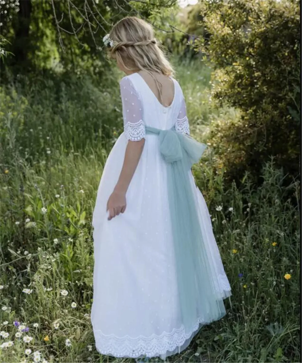 Half Sleeve White Holy First Communion Dress Long Lace Appliques Flower Girl Dress Child Wedding Birthday Princess Prom Vestidos