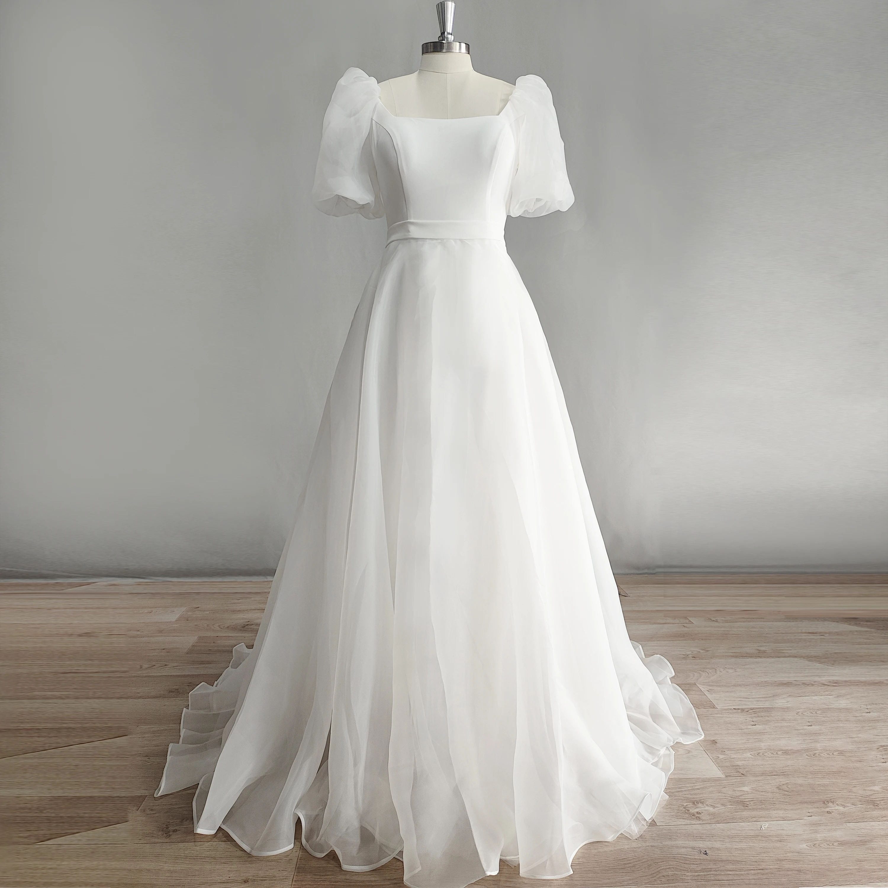 Modern A Line Square Neck Sleeveless Tulle Sweep Train Wedding Dress